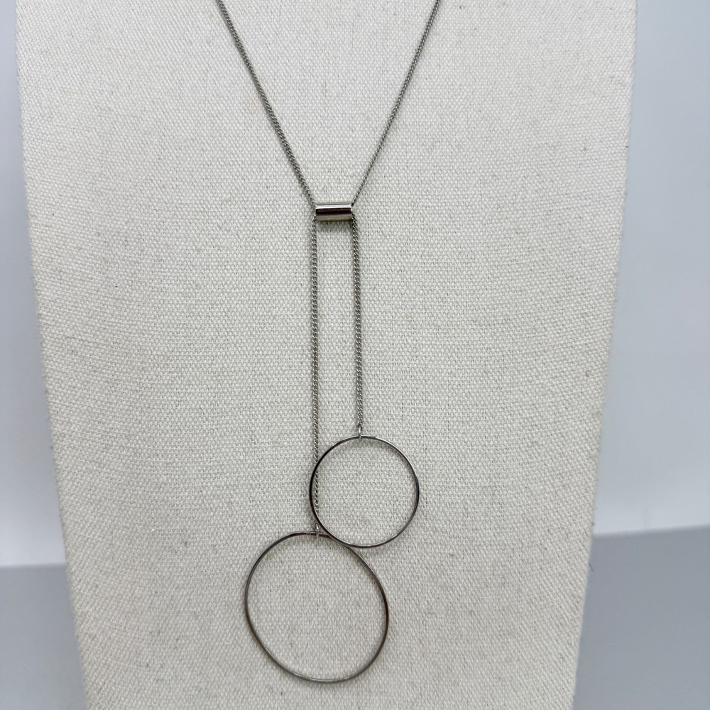 Minimalist Lariat Necklace Modern Double Open‎ Circle Pendants Silver Tone
